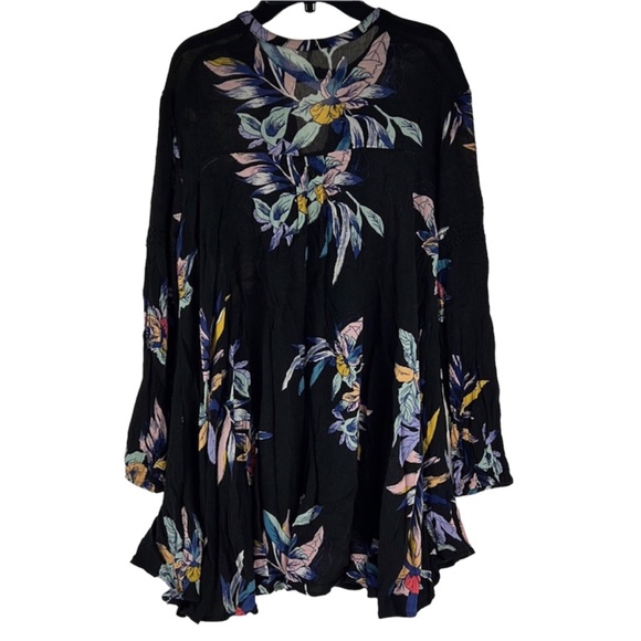 Free People Black Floral Print Long Sleeve Tunic Sz:M - Picture 2 of 8